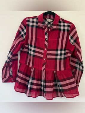 Burberry Brit Peplum Plaid Shirt |Red Nova Check Sheer Button Down Top Women’s M